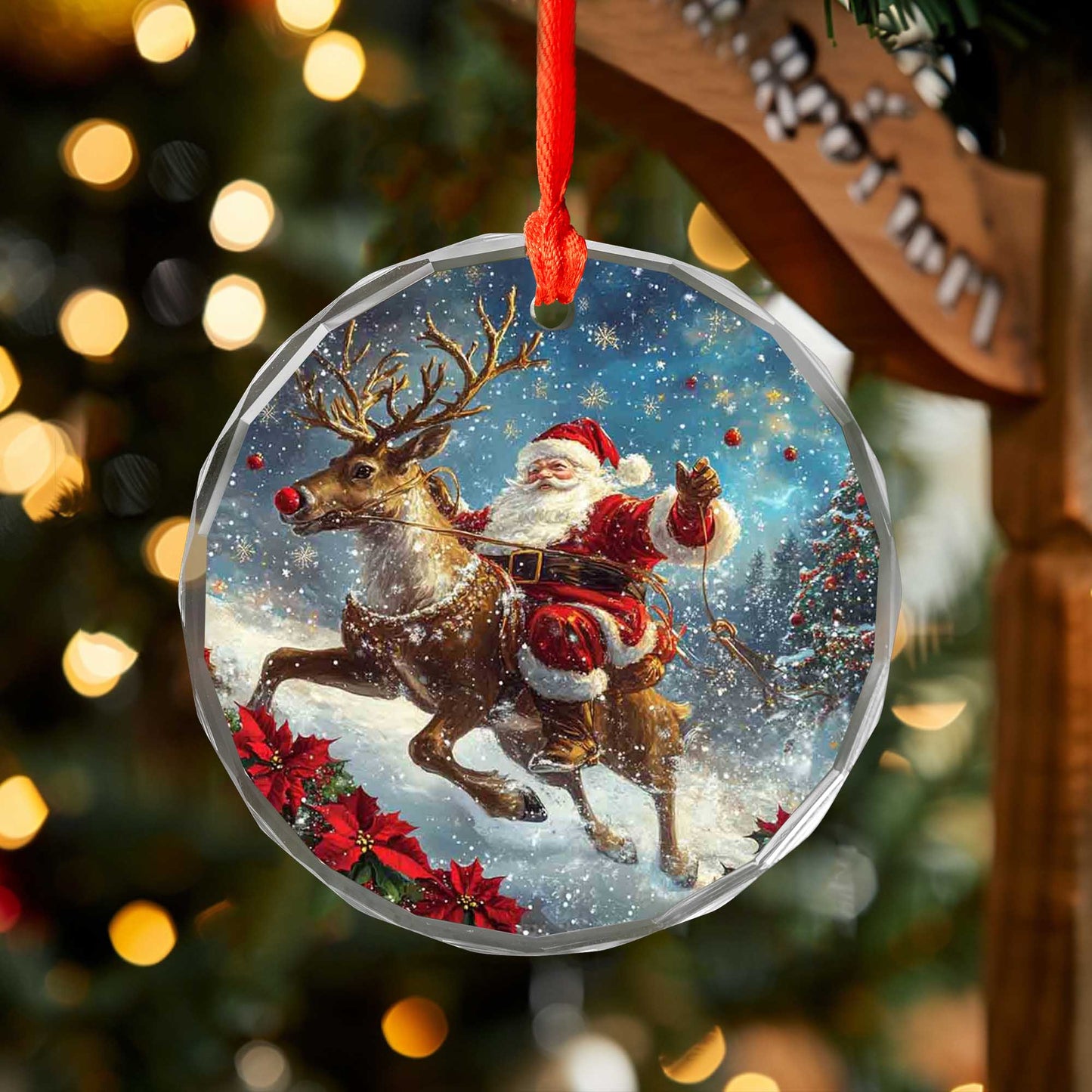 Netecom Santa Claus with Reindeer Glass Ornament – Christmas Holiday Tree Decoration, Keepsake Gift, 3 in
