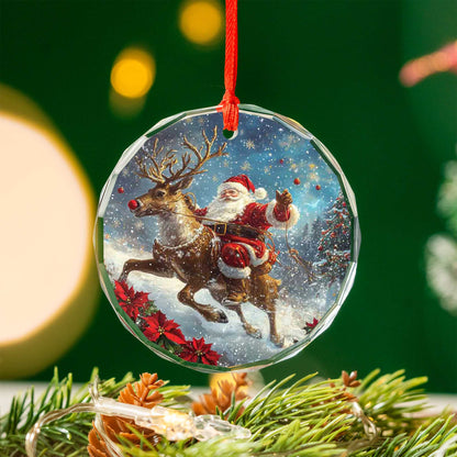 Netecom Santa Claus with Reindeer Glass Ornament – Christmas Holiday Tree Decoration, Keepsake Gift, 3 in