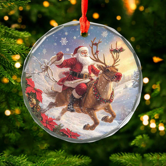 Netecom Santa Claus and Reindeer Glass Ornament – Christmas Tree Decoration, Seasonal Keepsake Gift, 3 in