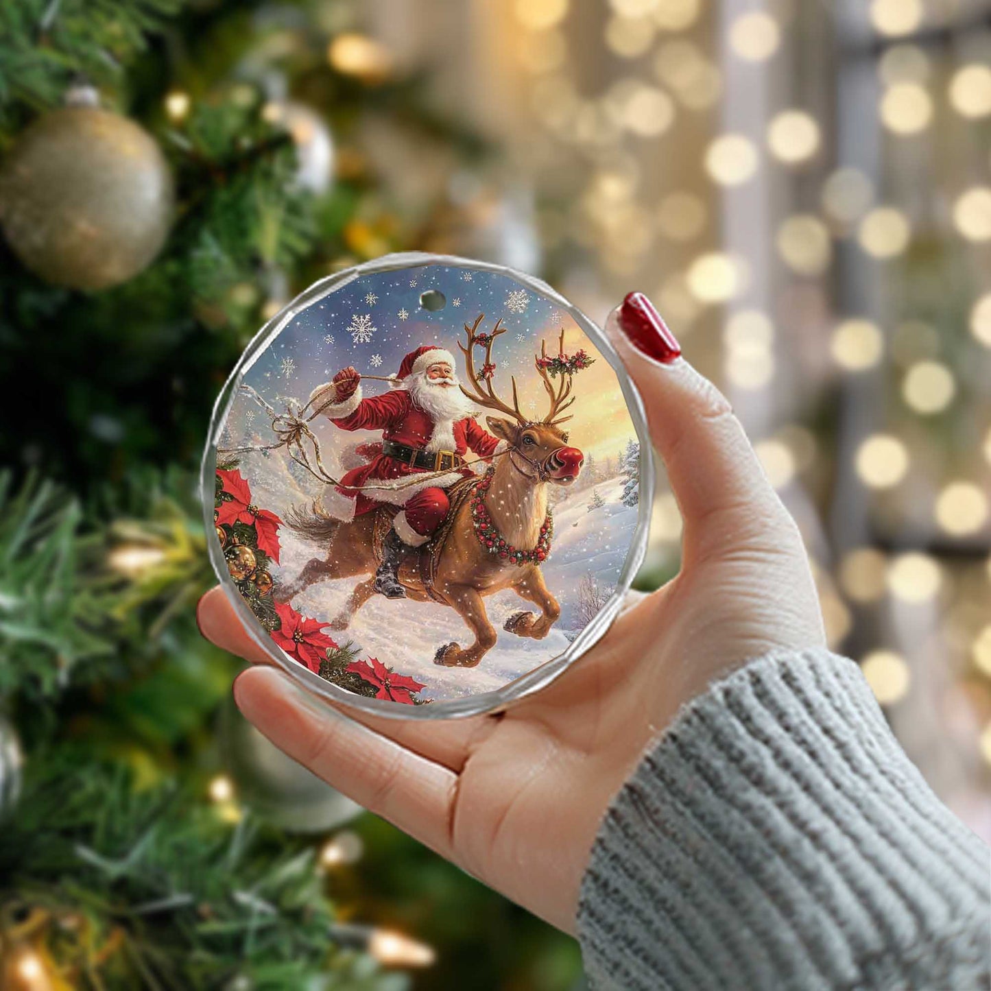Netecom Santa Claus and Reindeer Glass Ornament – Christmas Tree Decoration, Seasonal Keepsake Gift, 3 in
