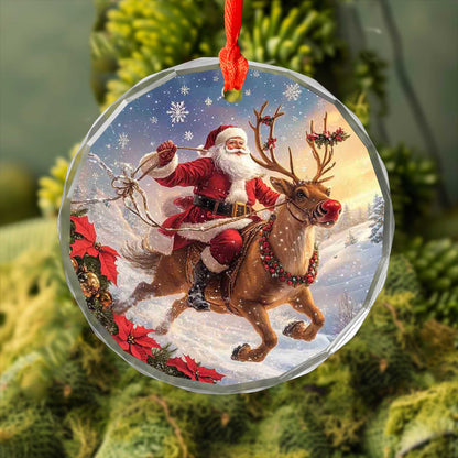 Netecom Santa Claus and Reindeer Glass Ornament – Christmas Tree Decoration, Seasonal Keepsake Gift, 3 in