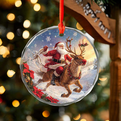 Netecom Santa Claus and Reindeer Glass Ornament – Christmas Tree Decoration, Seasonal Keepsake Gift, 3 in