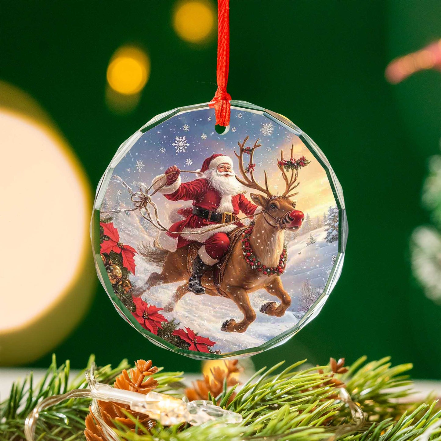 Netecom Santa Claus and Reindeer Glass Ornament – Christmas Tree Decoration, Seasonal Keepsake Gift, 3 in