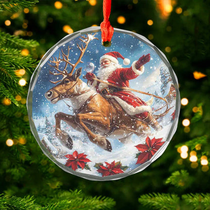 Netecom Santa Claus Riding Reindeer Glass Ornament – Christmas Tree Decor, Holiday Keepsake for the Season, 3 in