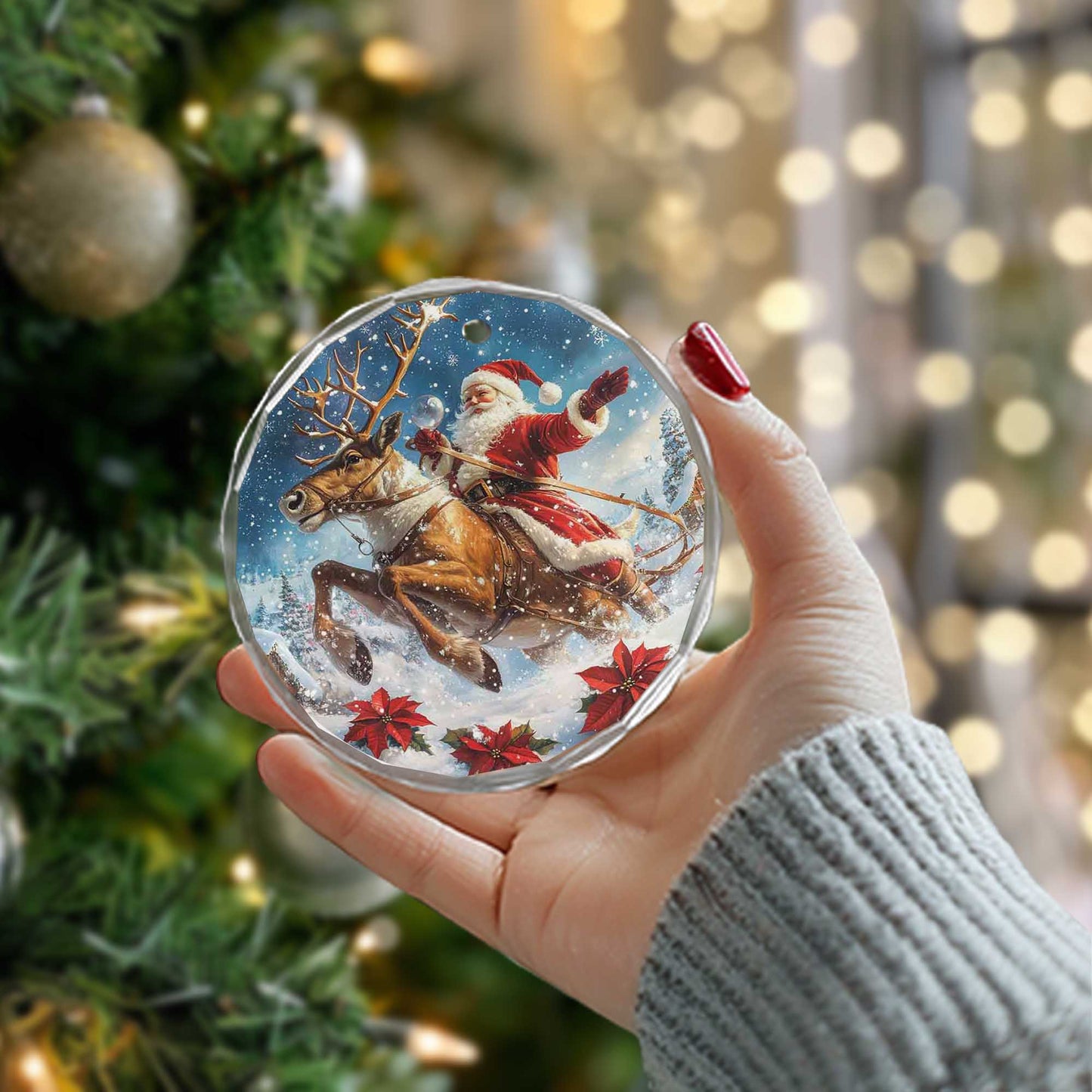 Netecom Santa Claus Riding Reindeer Glass Ornament – Christmas Tree Decor, Holiday Keepsake for the Season, 3 in