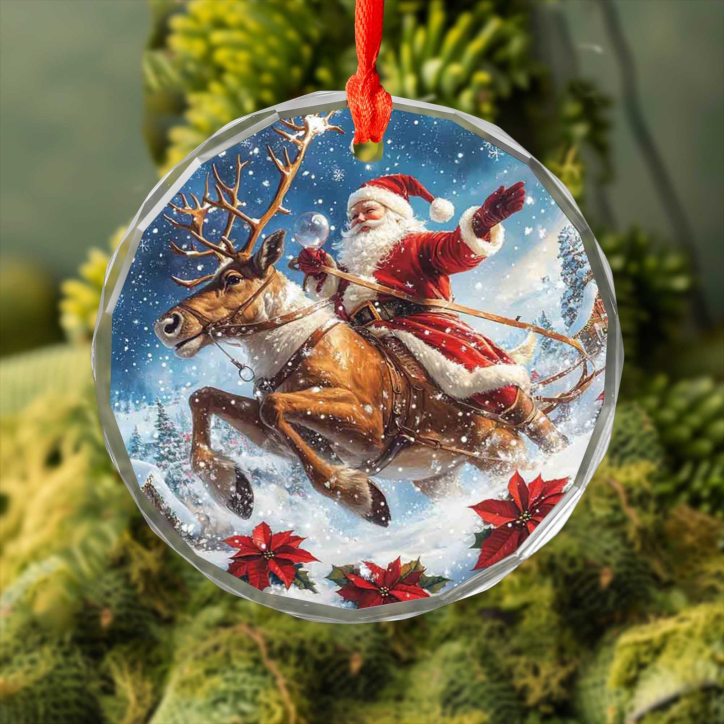 Netecom Santa Claus Riding Reindeer Glass Ornament – Christmas Tree Decor, Holiday Keepsake for the Season, 3 in