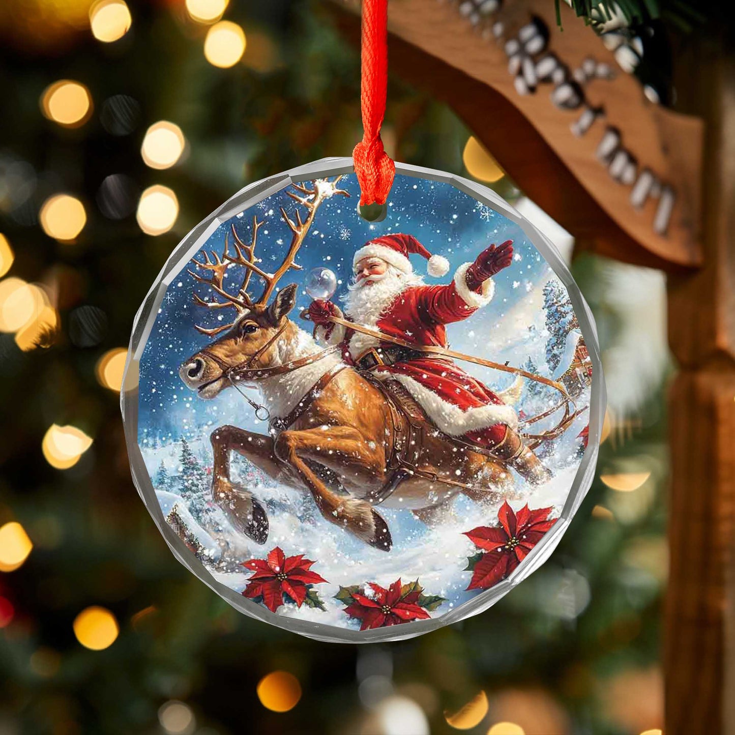 Netecom Santa Claus Riding Reindeer Glass Ornament – Christmas Tree Decor, Holiday Keepsake for the Season, 3 in