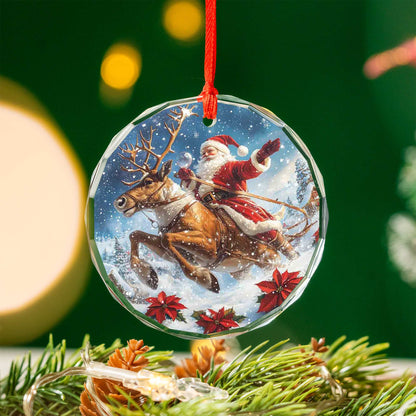 Netecom Santa Claus Riding Reindeer Glass Ornament – Christmas Tree Decor, Holiday Keepsake for the Season, 3 in