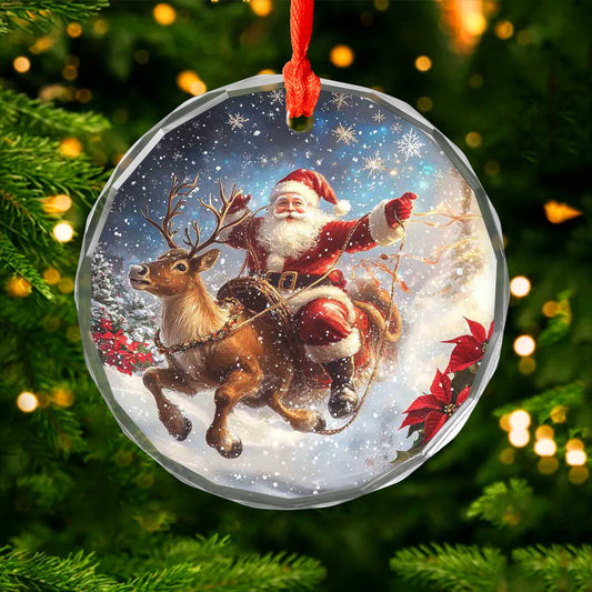Netecom Santa Claus Riding Reindeer with Poinsettias Glass Ornament – Christmas Holiday Tree Decoration, 3 in