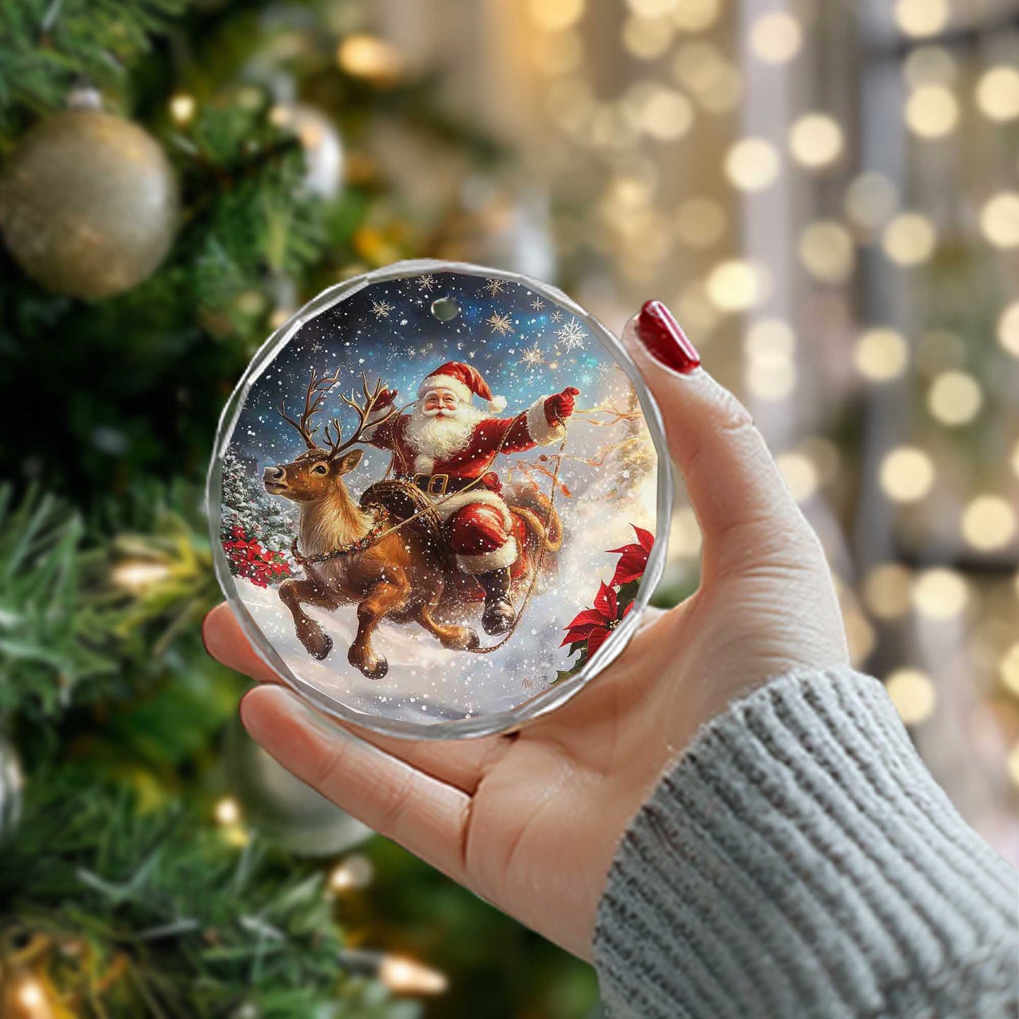 Netecom Santa Claus Riding Reindeer with Poinsettias Glass Ornament – Christmas Holiday Tree Decoration, 3 in