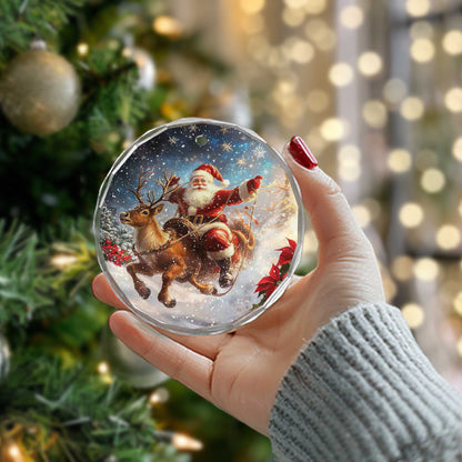 Netecom Santa Claus Riding Reindeer with Poinsettias Glass Ornament – Christmas Holiday Tree Decoration, 3 in