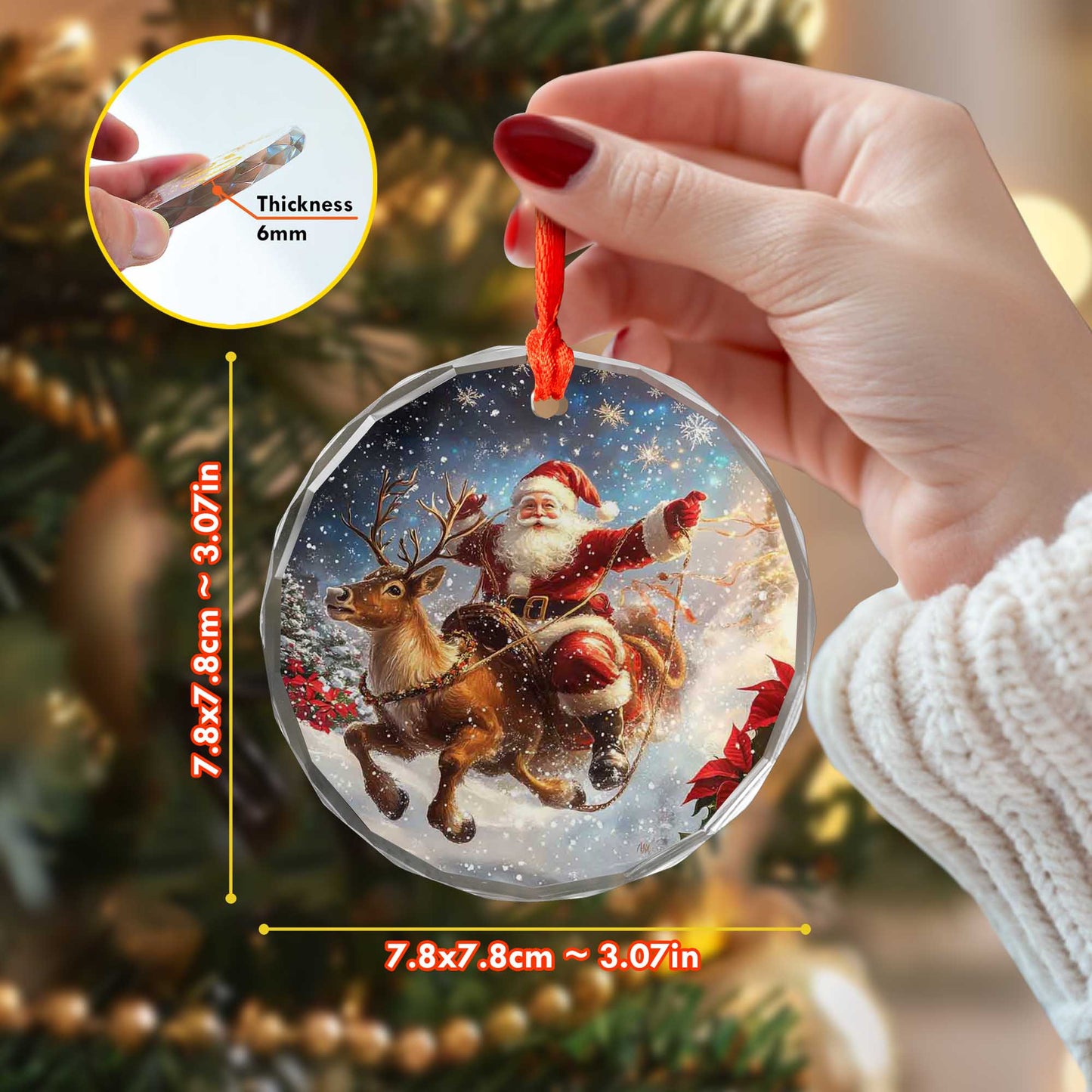 Netecom Santa Claus Riding Reindeer with Poinsettias Glass Ornament – Christmas Holiday Tree Decoration, 3 in