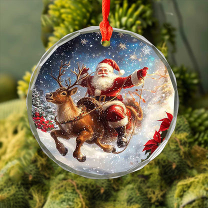 Netecom Santa Claus Riding Reindeer with Poinsettias Glass Ornament – Christmas Holiday Tree Decoration, 3 in