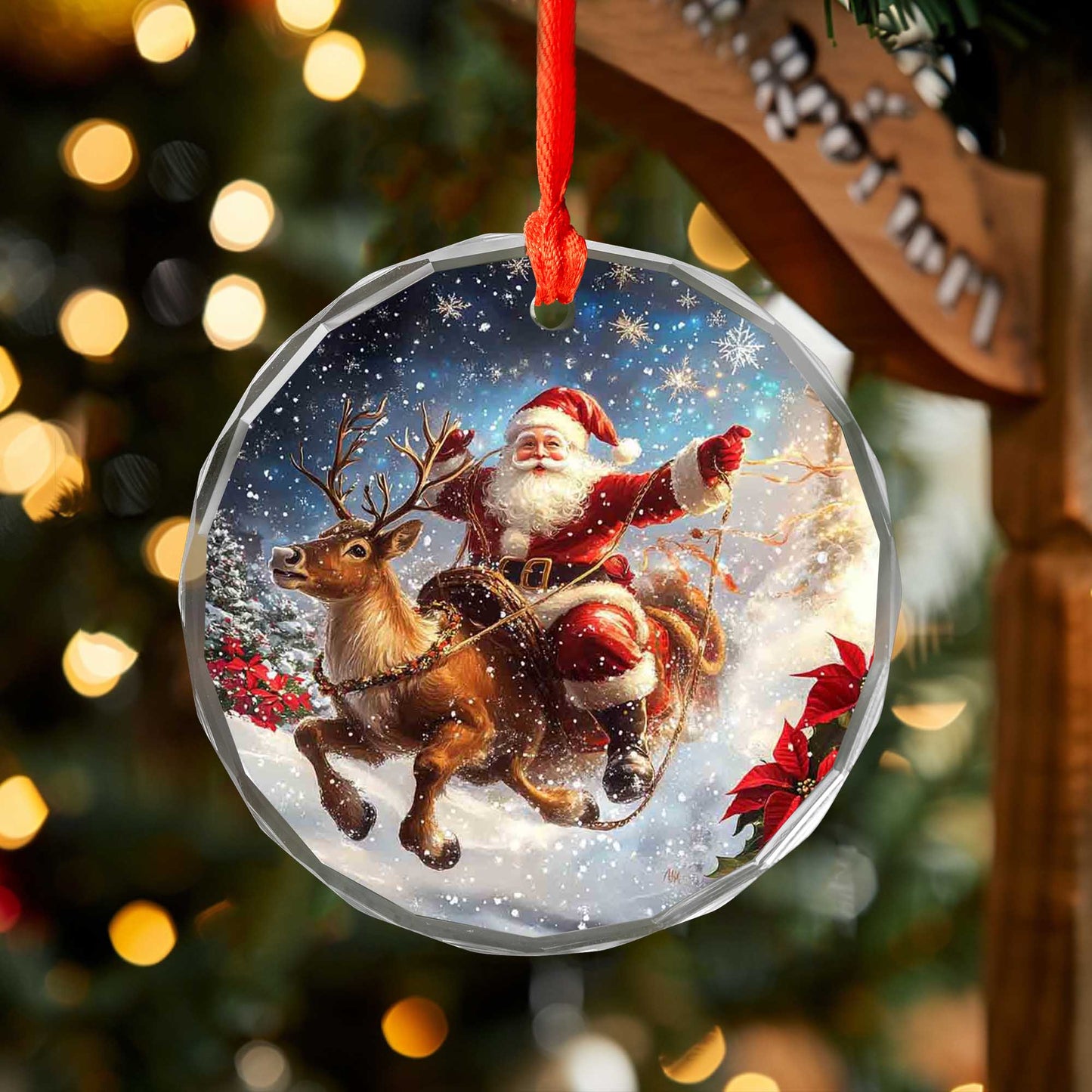 Netecom Santa Claus Riding Reindeer with Poinsettias Glass Ornament – Christmas Holiday Tree Decoration, 3 in