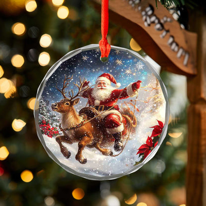 Netecom Santa Claus Riding Reindeer with Poinsettias Glass Ornament – Christmas Holiday Tree Decoration, 3 in