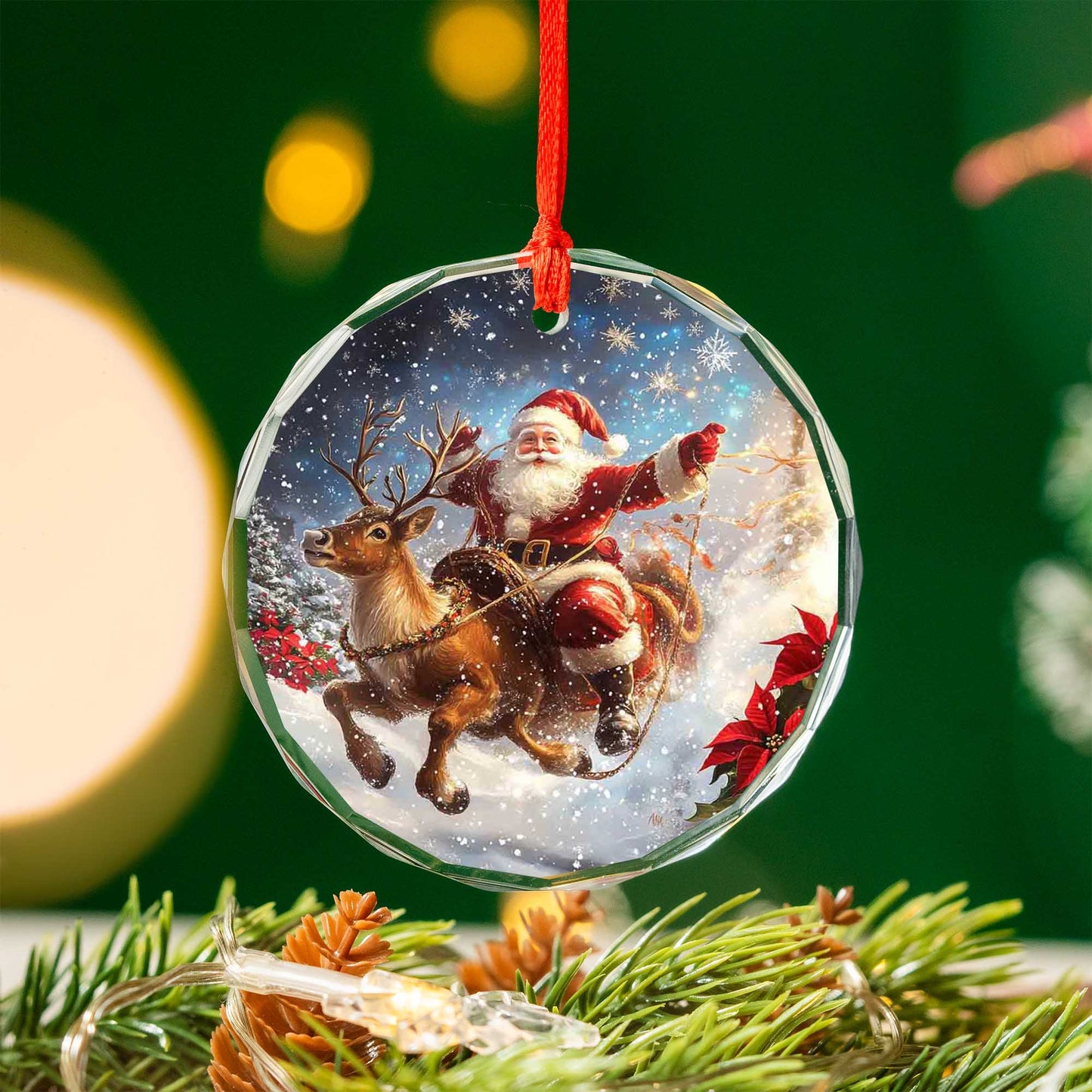 Netecom Santa Claus Riding Reindeer with Poinsettias Glass Ornament – Christmas Holiday Tree Decoration, 3 in