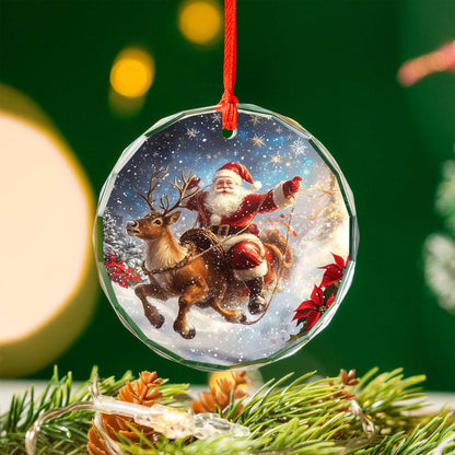 Netecom Santa Claus Riding Reindeer with Poinsettias Glass Ornament – Christmas Holiday Tree Decoration, 3 in