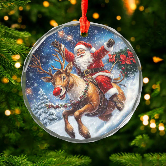 Netecom Santa Claus Riding Reindeer with Poinsettias Glass Ornament – Christmas Tree Decor for the Holidays, 3 in