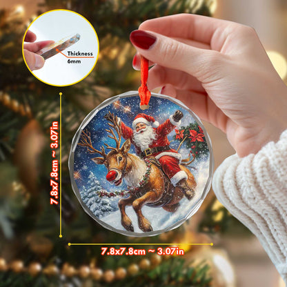Netecom Santa Claus Riding Reindeer with Poinsettias Glass Ornament – Christmas Tree Decor for the Holidays, 3 in