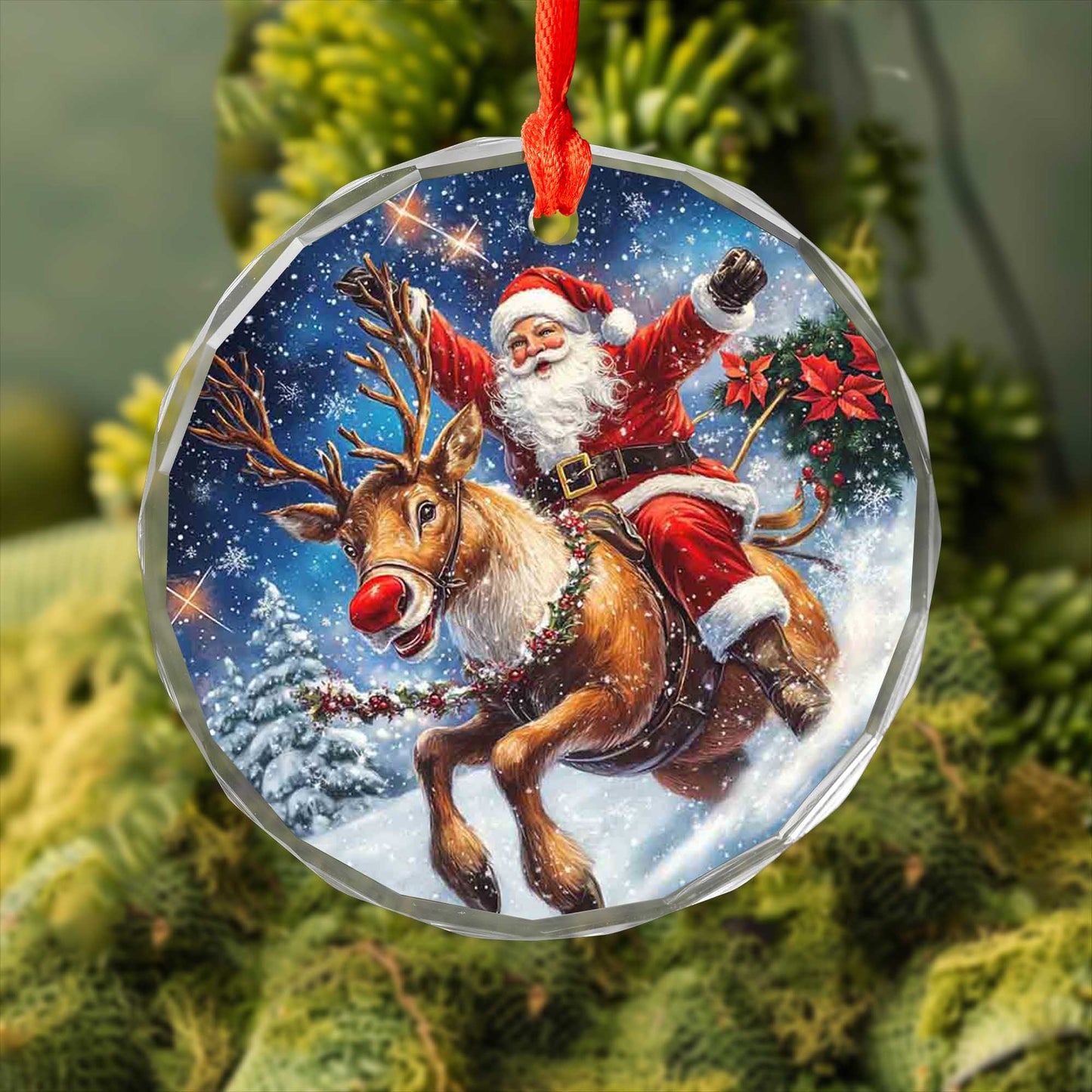 Netecom Santa Claus Riding Reindeer with Poinsettias Glass Ornament – Christmas Tree Decor for the Holidays, 3 in