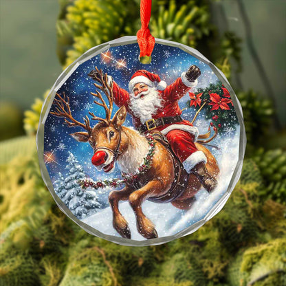Netecom Santa Claus Riding Reindeer with Poinsettias Glass Ornament – Christmas Tree Decor for the Holidays, 3 in