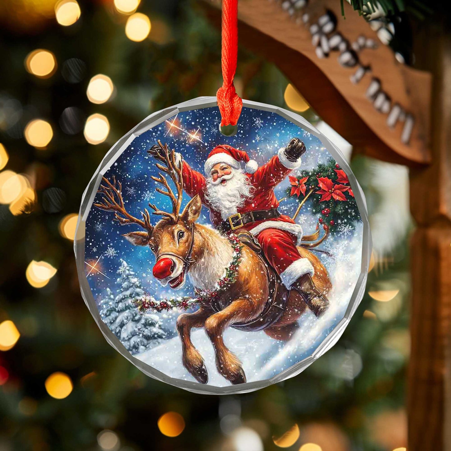 Netecom Santa Claus Riding Reindeer with Poinsettias Glass Ornament – Christmas Tree Decor for the Holidays, 3 in