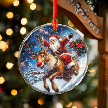 Netecom Santa Claus Riding Reindeer with Poinsettias Glass Ornament – Christmas Tree Decor for the Holidays, 3 in