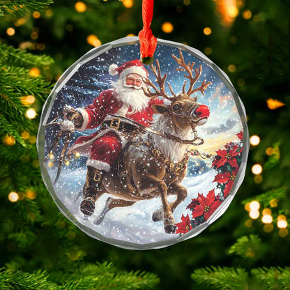 Netecom Christmas Santa Claus on Reindeer Glass Ornament – Holiday Tree Decoration, Gift Keepsake, 3 in