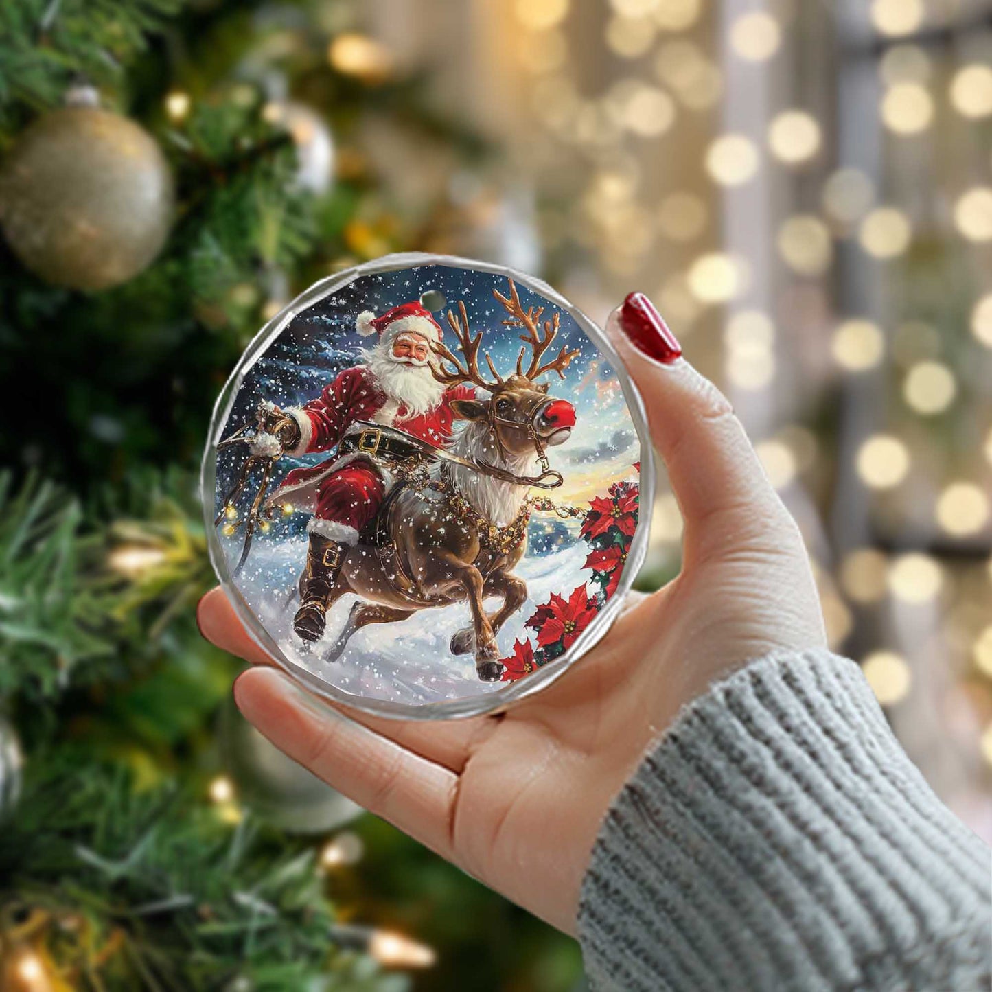 Netecom Christmas Santa Claus on Reindeer Glass Ornament – Holiday Tree Decoration, Gift Keepsake, 3 in