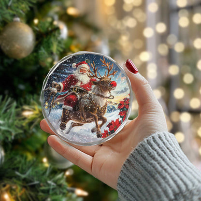 Netecom Christmas Santa Claus on Reindeer Glass Ornament – Holiday Tree Decoration, Gift Keepsake, 3 in