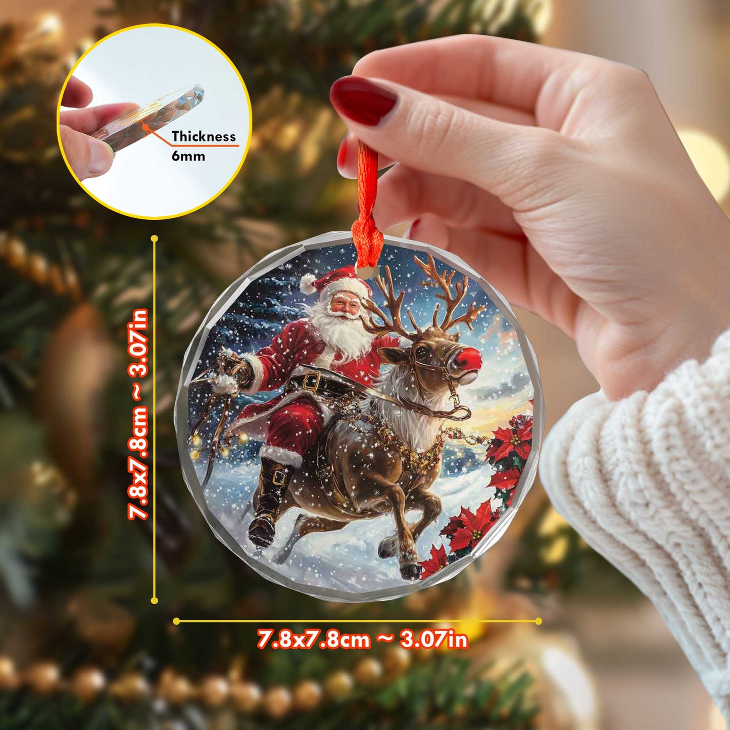 Netecom Christmas Santa Claus on Reindeer Glass Ornament – Holiday Tree Decoration, Gift Keepsake, 3 in