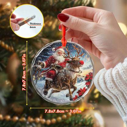 Netecom Christmas Santa Claus on Reindeer Glass Ornament – Holiday Tree Decoration, Gift Keepsake, 3 in