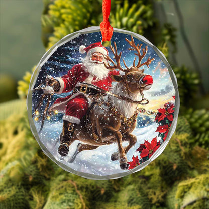 Netecom Christmas Santa Claus on Reindeer Glass Ornament – Holiday Tree Decoration, Gift Keepsake, 3 in