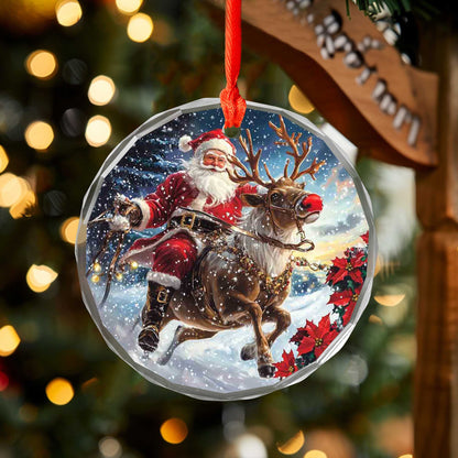 Netecom Christmas Santa Claus on Reindeer Glass Ornament – Holiday Tree Decoration, Gift Keepsake, 3 in