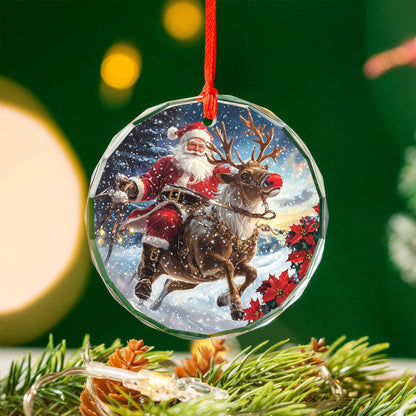 Netecom Christmas Santa Claus on Reindeer Glass Ornament – Holiday Tree Decoration, Gift Keepsake, 3 in