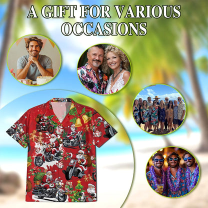 Netecom Santa Claus Riding Motorcycle Christmas Hawaiian Shirt, Funny Holiday Biker Button Down Short Sleeve Shirt, S-5XL