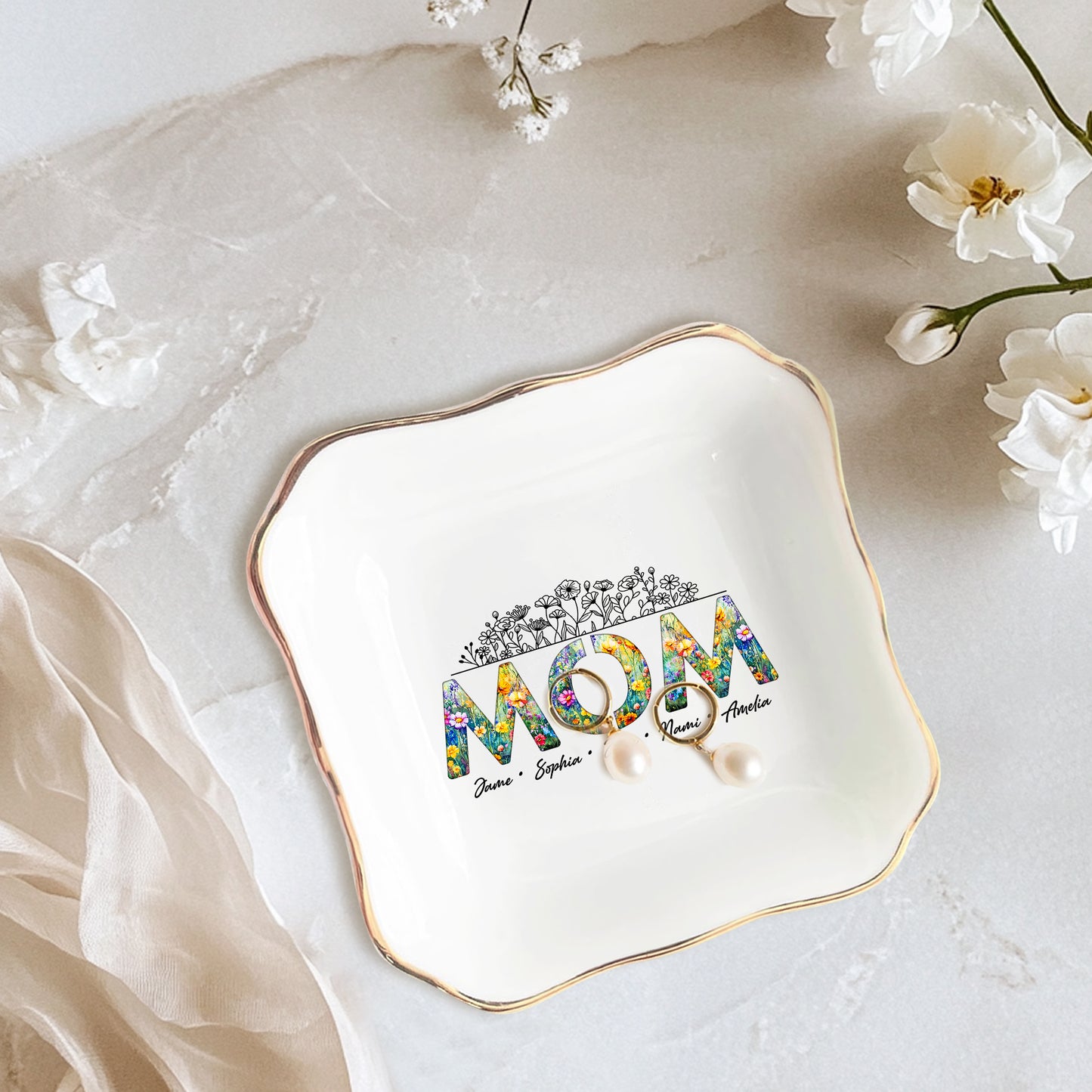 Netecom Personalized Floral "MOM" Ceramic Ring Dish , Custom Names Jewelry Tray , Elegant Mother’s Day Gift for Mom & Grandma