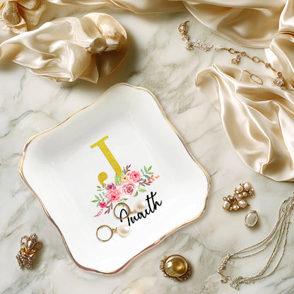 Netecom Personalized Floral Jewelry Tray with Glittery Initials, Custom Name Jewelry Dish for Special Occasions or Gifts