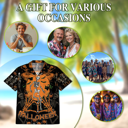 Netecom Dancing Ghost Halloween Hawaiian Shirt for Men, Scary Dancing Skeleton Button Down Summer Beach Shirts