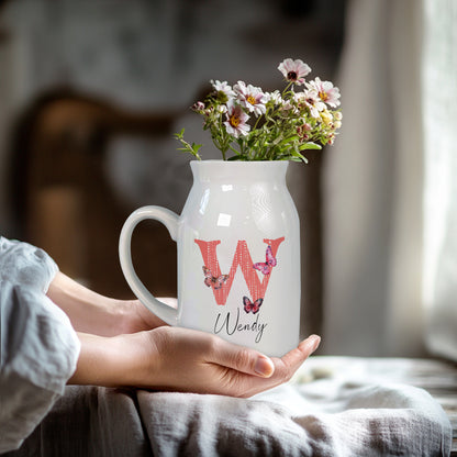Netecom Custom Floral Initial Ceramic Jug Vase with Personalized Name, Stylish Farmhouse Gift for Birthday, Wedding, or Holiday Decor