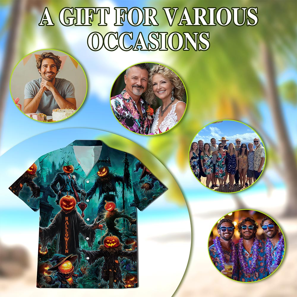 Netecom Happy Pumpkin Halloween Hawaiian Shirt for Men, Halloween Present, Skull Button Down Summer Beach Shirts, S-5XL