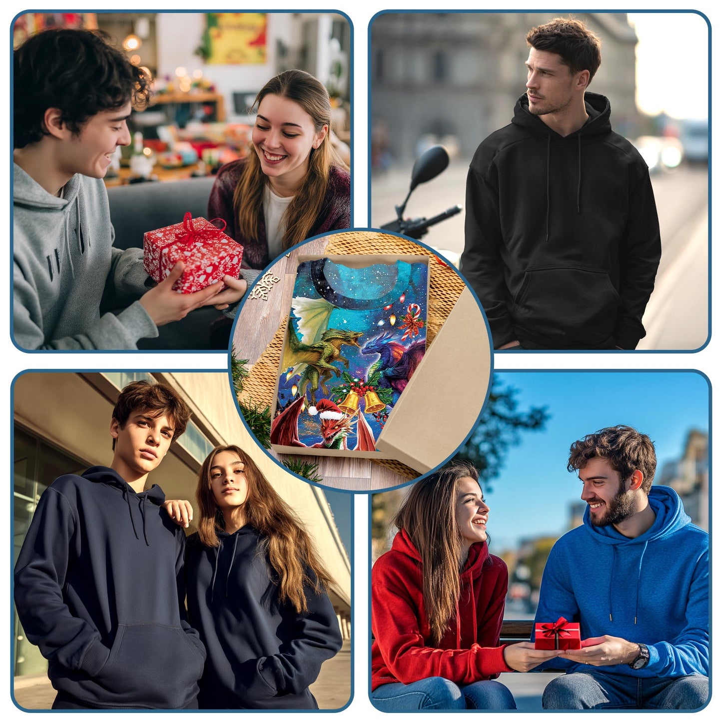Netecom Christmas Dragon Print Hoodie with Front Pocket, All Over Fantasy Fire Dragon Graphic Sweatshirt Unisex Casual