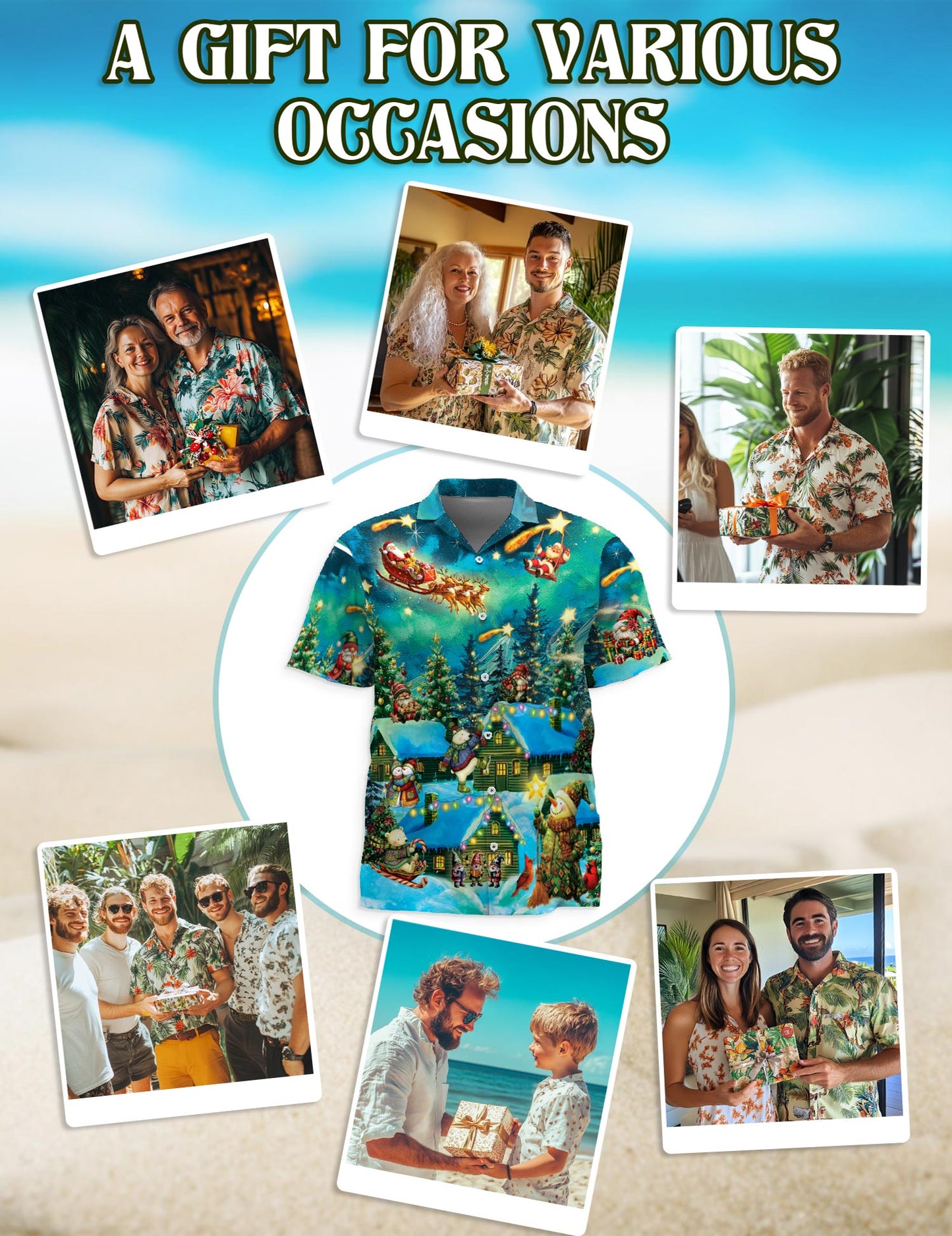 Netecom Magical Christmas Night Scene Hawaiian Shirt, Whimsical Santa Snowman Holiday Button Down Summer Beach Shirts, S-5XL
