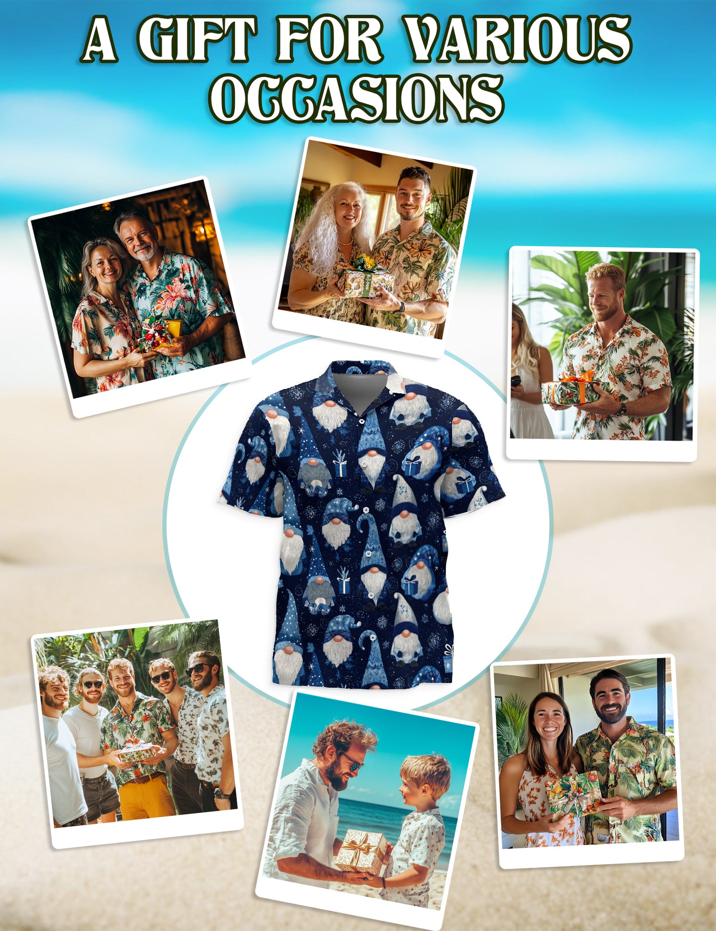 Netecom Blue Snow Gnomes Pattern Hawaiian Shirt for Men, Vintage Christmas Holiday Aloha Button Down Short Sleeve Shirt