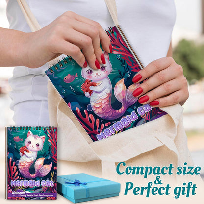 Netecom Mermaid Cat Coloring Book Spiral Bound for Adults, A5 Wooden Cover, 30 Adorable Coloring Pages of Magical Creatures for Stress Relief and Relaxation