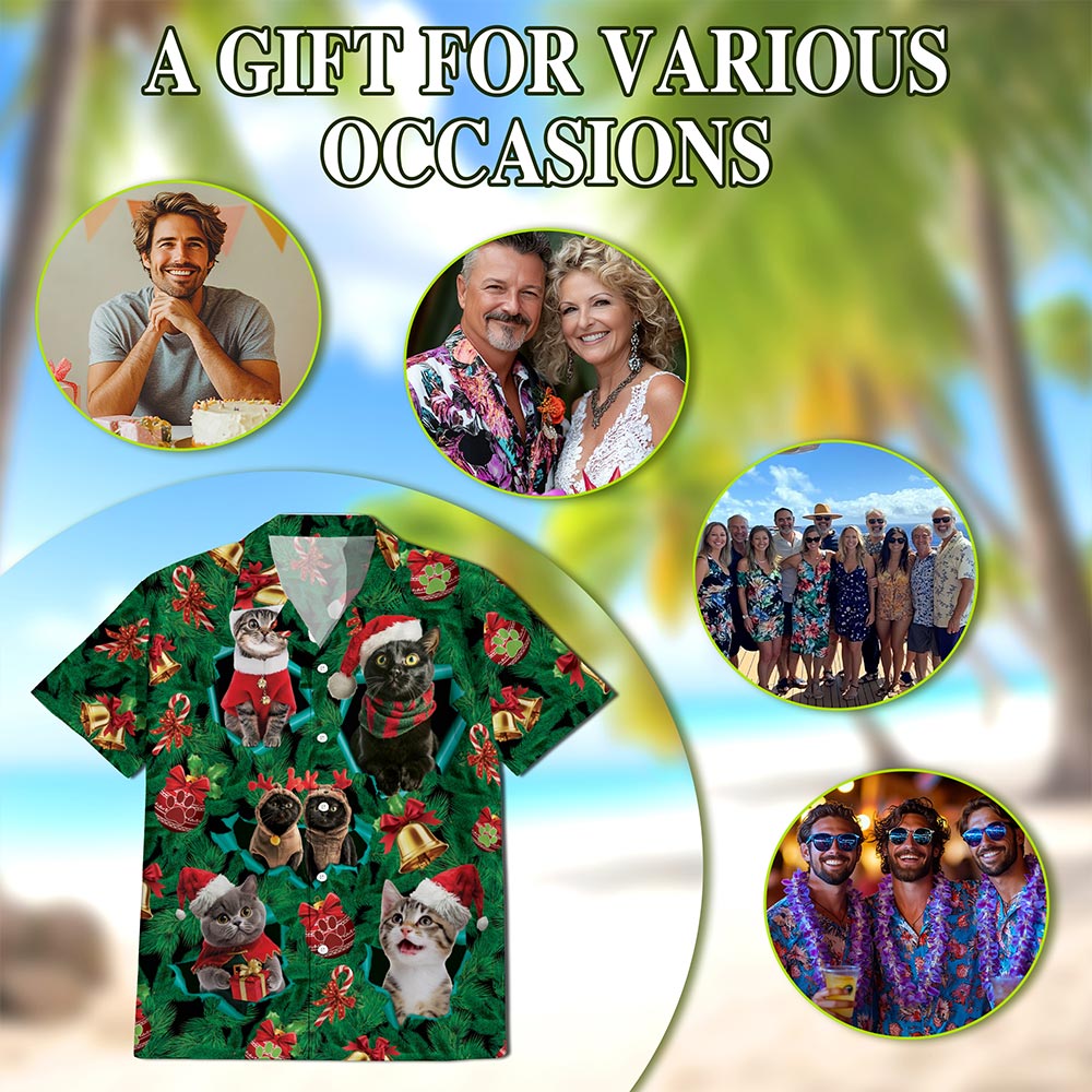 Netecom Christmas Cats Hawaiian Shirt for Men, Cute Kitten Holiday Print Button Down Summer Beach Short Sleeve Shirt, S-5XL