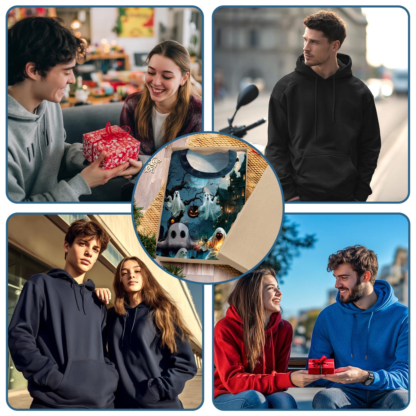 Netecom Halloween Ghost Print Hoodie with Front Pocket, All Over Graphic Ghost Skeleton and Pumpkin Sweatshirt Unisex Casual