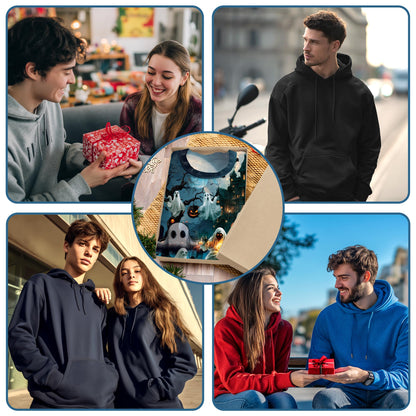 Netecom Halloween Ghost Print Hoodie with Front Pocket, All Over Graphic Ghost Skeleton and Pumpkin Sweatshirt Unisex Casual