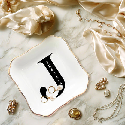 Netecom Personalized Jewelry Tray with Initials, Floral Design, Custom Ceramic Tray for Family Gifts or Special Celebrations
