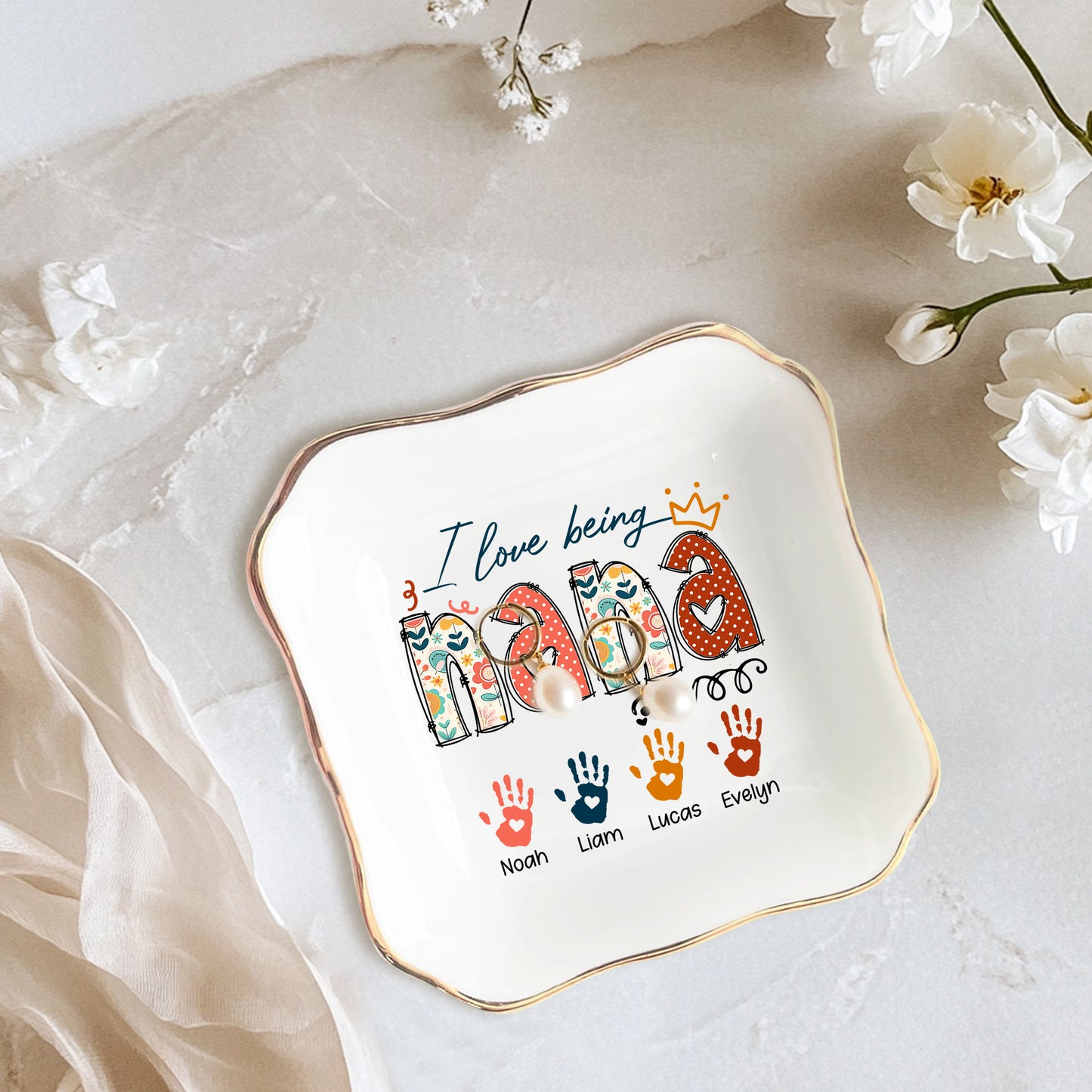Netecom Personalized I Love Being NANA Jewelry Tray, Custom Handprints & Grandkids Names Ceramic Ring Dish , Mother's Day & Christmas Gift